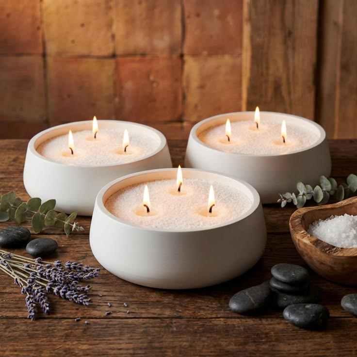 Three hand-poured wide bowl candles with multiple wicks, arranged with lavender and stones